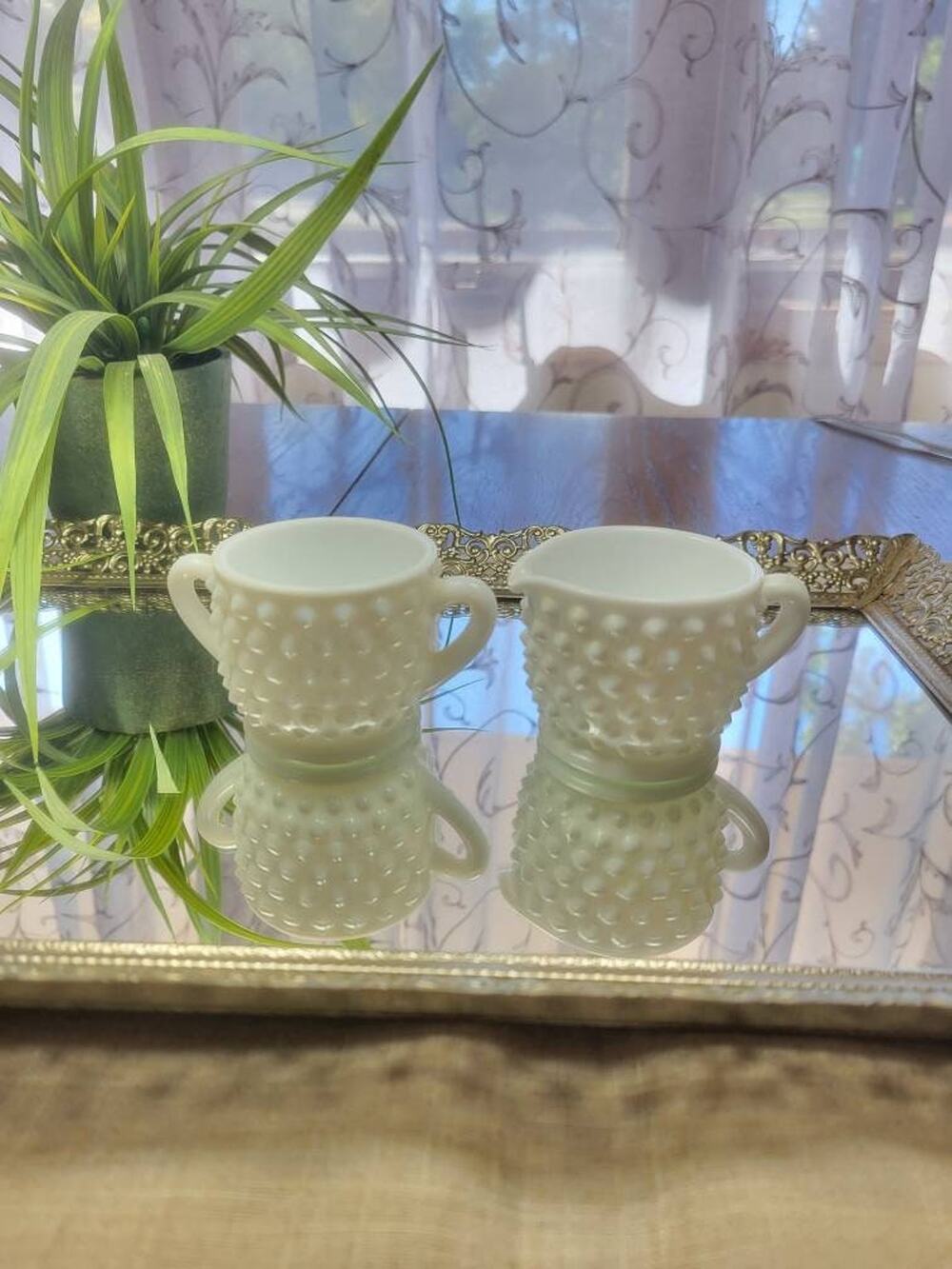 Vintage Fenton Hobnail White Milk Glass Individual Mini Sugar and Creamer Set